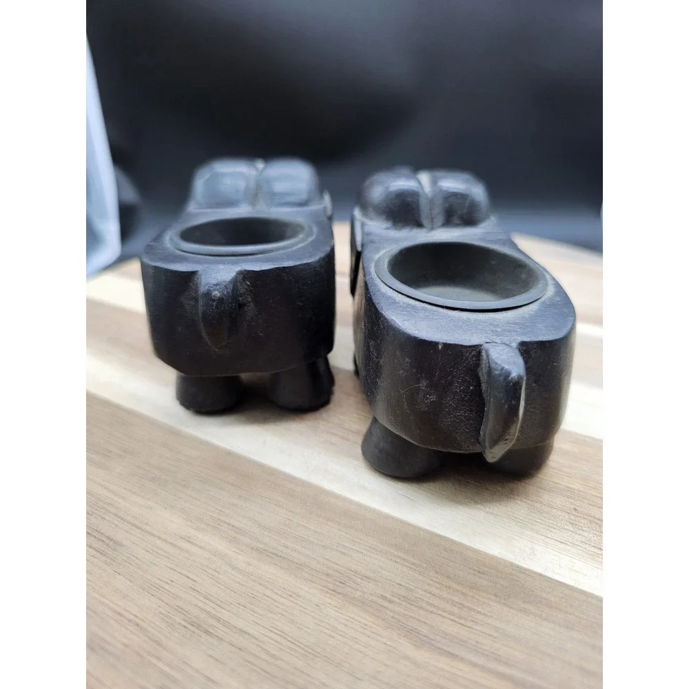 Vintage Elephant Candle Holders Hand Carved Wood Raised‎ Trunk Lucky Boho Safari